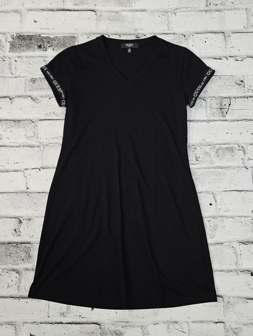 Guess Black V Neck T Shirt Dress Logo Sleeve Trim Size Medium